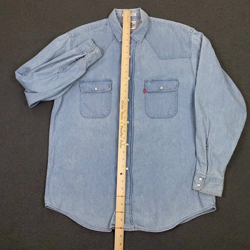 Levis Denim Western Shirt Mens Large Pearl Snap Diamond Label Blue Jean Vintage